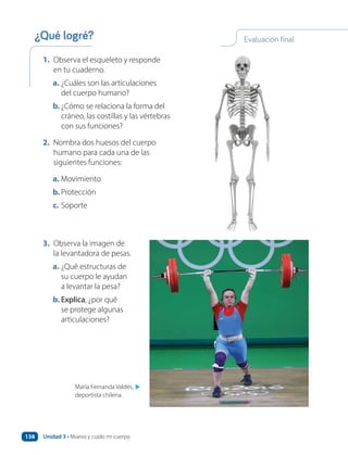 Evaluación final
¿Qué logré?
3. Observa la imagen de
la levantadora de pesas.
a. ¿Qué estructuras de
su cuerpo le ayudan
a levantar la pesa?
b. Explica, ¿por qué
se protege algunas
articulaciones?
1. Observa el esqueleto y responde
en tu cuaderno.
a. ¿Cuáles son las articulaciones
del cuerpo humano?
b. ¿Cómo se relaciona la forma del
cráneo, las costillas y las vértebras
con sus funciones?
2. Nombra dos huesos del cuerpo
humano para cada una de las
siguientes funciones:
a. Movimiento
b. Protección
c. Soporte
María Fernanda Valdés,
deportista chilena.
▲
Unidad 3 • Muevo y cuido mi cuerpo
138
 