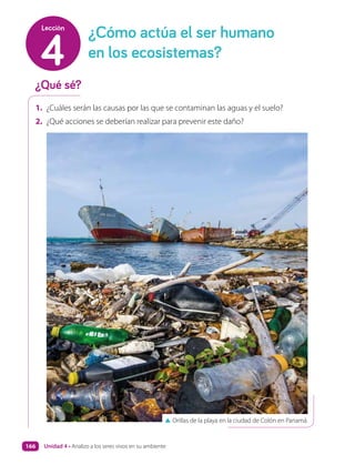 1. ¿Cuáles serán las causas por las que se contaminan las aguas y el suelo?
2. ¿Qué acciones se deberían realizar para prevenir este daño?
¿Qué sé?
¿Cómo actúa el ser humano
en los ecosistemas?
4
Lección
▲ Orillas de la playa en la ciudad de Colón en Panamá.
Unidad 4 • Analizo a los seres vivos en su ambiente
166
 
