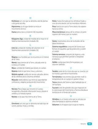 H
Herbívoro: ser vivo que se alimenta solo de plantas
o de partes de ellas.
Hipocentro: es el lugar donde se inicia un
movimiento sísmico.
Hueso: pieza dura y resistente del esqueleto.
K
Kilogramo (kg): unidad de medida de la masa en el
Sistema Internacional de Unidades (SI).
L
Litro (L): unidad de medida del volumen en el
Sistema Internacional de Unidades (SI).
M
Magma: roca fundida que se encuentra en el interior
de la Tierra.
Manto: capa interior de la Tierra, ubicada entre la
corteza y el núcleo.
Masa: cantidad de materia que posee un cuerpo.
Materia: todo lo que tiene masa y volumen.
Médula espinal: cordón de nervios ubicados dentro
de las vértebras de la columna vertebral.
Músculo: tejido elástico que tiene la capacidad de
contraerse y relajarse produciendo movimiento.
N
Nervios: fibras largas que recorren el cuerpo,
recogiendo y llevando información hacia y desde el
cerebro y la médula espinal.
Núcleo: es la capa más interna de la Tierra.
O
Omnívoro: ser vivo que se alimenta de todo tipo de
carnes, plantas, frutas y semillas.
P
Pelvis: hueso formado por las vértebras finales y
sirve de articulación con los miembros inferiores.
Peso: fuerza con que la Tierra atrae a los objetos
hacia su centro.
Placas tectónicas: piezas de la corteza y la parte
superior del manto, que se mueven.
S
Sismo: movimiento cerca de los bordes de las
placas tectónicas.
Sistema esquelético: conjunto de huesos que
forman el esqueleto que da protección y sostén
al cuerpo.
Sistema nervioso: conjunto de órganos y vías
nerviosas que permiten percibir e interpretar
el entorno.
Sólido: cuerpo que tiene forma propia y un
volumen definido.
T
Tendón: parte de los músculos que se conecta con
los huesos y permite el movimiento.
Termómetro: instrumento que permite medir la
temperatura de un cuerpo en grados Celsius.
Tierra: planeta del Sistema Solar habitado por el
ser humano.
Tsunami: serie de grandes olas que impactan en
la costa luego del movimiento o fractura de placas
tectónicas en el fondo del océano.
V
Vértebra: es un hueso corto que se articula con
otros formando la columna vertebral.
Volumen: es el espacio que ocupa la materia.
Glosario 181
 