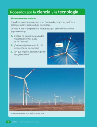 Rodeados por la ciencia y la tecnología
▲ Aerogeneradores en la Región de Atacama.
El viento mueve molinos
Usando el movimiento del aire, el ser humano ha creado los molinos o
aerogeneradores para producir electricidad.
Cuando el aire se desplaza esta mueve las aspas del molino de viento
y genera energía.
1. Si el aire no tuviera masa, ¿podría
mover las enormes aspas
de los molinos?
2. ¿Qué ventajas tiene este tipo de
producción de electricidad?
3. ¿En qué regiones se podrían poner
aerogeneradores?
Aspas
18 Unidad 1 • Exploro la materia y las fuerzas
 