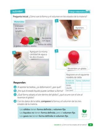 Los sólidos tienen forma definida y volumen fijo.
Los líquidos no tienen forma definida, pero sí volumen fijo.
Los gases no tienen forma definida ni volumen fijo.
a Al apretar las bolitas, ¿se deformaron?, ¿por qué?
b ¿Por qué el estado líquido puede cambiar su forma?
c ¿Qué forma adopta el aire dentro del globo?, ¿qué ocurre con el aire al
reventar el globo?
d Con los datos de la tabla, comparen la forma y el volumen de los tres
estados de la materia.
Respondan:
Pregunta inicial: ¿Cómo son la forma y el volumen en los estados de la materia?
Aprieten.
Revienten un globo.
Agreguen la misma
cantidad de agua a
los dos envases.
Actividad
Recipiente
con agua
2 envases
de distinto
tamaño
2 globos inflados y atados
Bolitas de vidrio
Registren en el siguiente
modelo de tabla
Estado de
la materia
Forma Volumen
Sólido
Líquido
Gas (aire)
Trabajo colaborativo
1
2
3
Materiales
Páginas
16 y 17
Lección 2 • ¿Cómo son los estados de la materia? 23
 