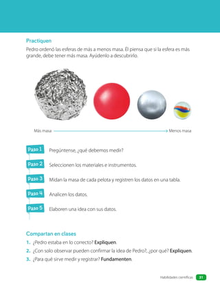 Practiquen
Pedro ordenó las esferas de más a menos masa. Él piensa que si la esfera es más
grande, debe tener más masa. Ayúdenlo a descubrirlo.
Paso 1 Pregúntense, ¿qué debemos medir?
Paso 2 Seleccionen los materiales e instrumentos.
Paso 3 Midan la masa de cada pelota y registren los datos en una tabla.
Paso 4 Analicen los datos.
Paso 5 Elaboren una idea con sus datos.
Compartan en clases
1. ¿Pedro estaba en lo correcto? Expliquen.
2. ¿Con solo observar pueden confirmar la idea de Pedro?, ¿por qué? Expliquen.
3. ¿Para qué sirve medir y registrar? Fundamenten.
Más masa Menos masa
31
Habilidades científicas
 