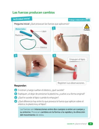 Respondan:
Las fuerzas producen cambios
Pregunta inicial: ¿Qué provocan las fuerzas que aplicamos?
Empujen el lápiz.
a Si estiran y luego sueltan el elástico, ¿qué sucede?
b Expliquen, al dejar de presionar la plasticina, ¿vuelve a su forma original?
c ¿Qué le sucede al lápiz cuando lo empujan?
d ¿Qué diferencia hay entre lo que provoca la fuerza que aplican sobre el
elástico, la plasticina y el lápiz?
Las fuerzas son interacciones entre dos cuerpos o entre un cuerpo y
su entorno. Provocan cambios en la forma o la rapidez y la dirección
del movimiento de estos.
Registren sus observaciones.
Actividad inicial
Plasticina
Lápiz
Elástico
Cuidado
Trabajo colaborativo
1
2 3
Materiales
Lección 4 • ¿Qué es la fuerza? 39
 