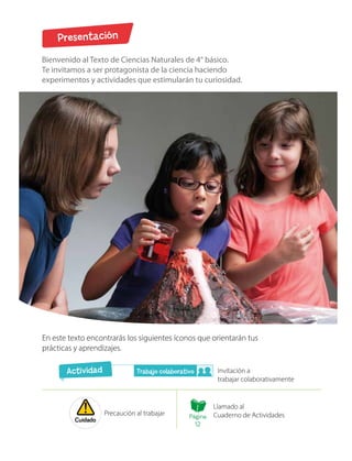 Presentación
En este texto encontrarás los siguientes íconos que orientarán tus
prácticas y aprendizajes.
Bienvenido al Texto de Ciencias Naturales de 4° básico.
Te invitamos a ser protagonista de la ciencia haciendo
experimentos y actividades que estimularán tu curiosidad.
Invitación a
trabajar colaborativamente
Precaución al trabajar
Llamado al
Cuaderno de Actividades
Actividad Trabajo colaborativo
Cuidado
Página
12
 
