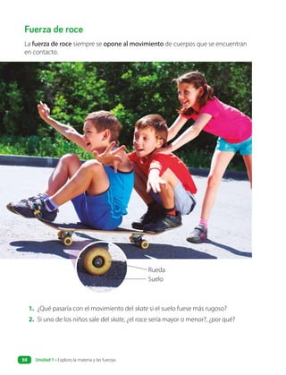 Fuerza de roce
La fuerza de roce siempre se opone al movimiento de cuerpos que se encuentran
en contacto.
1. ¿Qué pasaría con el movimiento del skate si el suelo fuese más rugoso?
2. Si uno de los niños sale del skate, ¿el roce sería mayor o menor?, ¿por qué?
Rueda
Suelo
Unidad 1 • Exploro la materia y las fuerzas
50
 