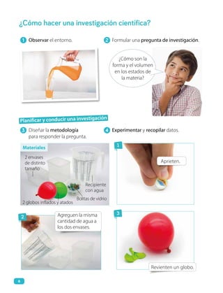Aprieten.
Revienten un globo.
Agreguen la misma
cantidad de agua a
los dos envases.
Recipiente
con agua
2 envases
de distinto
tamaño
2 globos inflados y atados
Bolitas de vidrio
1
2
3
Planificar y conducir una investigación
Observar el entorno.
Diseñar la metodología
para responder la pregunta.
Experimentar y recopilar datos.
¿Cómo hacer una investigación científica?
¿Cómo son la
forma y el volumen
en los estados de
la materia?
1 2 Formular una pregunta de investigación.
Materiales
3 4
6
 