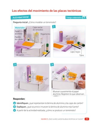 a Identifiquen, ¿qué representan la lámina de aluminio y las cajas de cartón?
b Expliquen, ¿qué ocurrirá si mueven la lámina de aluminio más fuerte?
c A partir de la actividad realizada, ¿cómo se produce un terremoto?
Respondan:
Los efectos del movimiento de las placas tectónicas
Pregunta inicial: ¿Cómo modelar un terremoto?
Muevan suavemente el papel
aluminio. Registren lo que observan.
Actividad inicial
2
1
3
Trabajo colaborativo
Papel
aluminio Pegamento
Caja
de cartón
Lápiz negro
Tijera
Papeles
de colores
Cajas vacías
de remedios
Materiales
Lección 2 • ¿Qué sucede cuando las placas tectónicas se mueven? 79
 