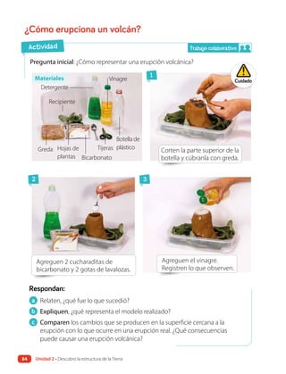 Pregunta inicial: ¿Cómo representar una erupción volcánica?
a Relaten, ¿qué fue lo que sucedió?
b Expliquen, ¿qué representa el modelo realizado?
c Comparen los cambios que se producen en la superficie cercana a la
erupción con lo que ocurre en una erupción real. ¿Qué consecuencias
puede causar una erupción volcánica?
Respondan:
¿Cómo erupciona un volcán?
Agreguen el vinagre.
Registren lo que observen.
Corten la parte superior de la
botella y cúbranla con greda.
Agreguen 2 cucharaditas de
bicarbonato y 2 gotas de lavalozas.
2
1
3
Cuidado
Actividad Trabajo colaborativo
Recipiente
Hojas de
plantas Bicarbonato
Tijeras
Greda
Detergente
Vinagre
Botella de
plástico
Materiales
Unidad 2 • Descubro la estructura de la Tierra
84
 