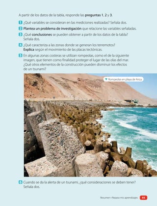 A partir de los datos de la tabla, responde las preguntas 1, 2 y 3.
1 ¿Qué variables se consideran en las mediciones realizadas? Señala dos.
2 Plantea un problema de investigación que relacione las variables señaladas.
3 ¿Qué conclusiones se pueden obtener a partir de los datos de la tabla?
Señala dos.
4 ¿Qué caracteriza a las zonas donde se generan los terremotos?
Explica según el movimiento de las placas tectónicas.
5 En algunas zonas costeras se utilizan rompeolas, como el de la siguiente
imagen, que tienen como finalidad proteger el lugar de las olas del mar.
¿Qué otros elementos de la construcción pueden disminuir los efectos
de un tsunami?
6 Cuando se da la alerta de un tsunami, ¿qué consideraciones se deben tener?
Señala dos.
▼ Rompeolas en playa de Arica.
Resumen • Repaso mis aprendizajes 93
 