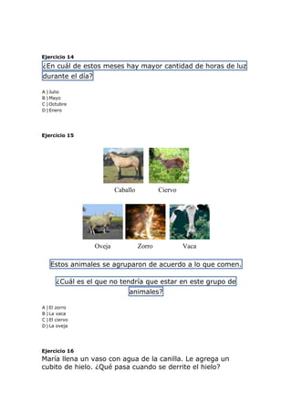 Ejercicio 14
¿En cuál de estos meses hay mayor cantidad de horas de luz
durante el día?
A ) Julio
B ) Mayo
C ) Octubre
D ) Enero
Ejercicio 15
Caballo Ciervo
Oveja Zorro Vaca
Estos animales se agruparon de acuerdo a lo que comen.
¿Cuál es el que no tendría que estar en este grupo de
animales?
A ) El zorro
B ) La vaca
C ) El ciervo
D ) La oveja
Ejercicio 16
María llena un vaso con agua de la canilla. Le agrega un
cubito de hielo. ¿Qué pasa cuando se derrite el hielo?
 