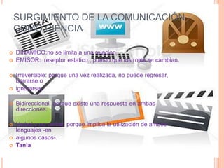 FUNCIONES DE LA COMUNICACIÓNINFORMATIVA: transmisión y recepción de información.AFECTIVO-VALORATIVA: le asigna una carga afectiva al mensaje.REGULADORA: regula la conducta de la persona.CONTROL: controla el comportamiento individual.tania