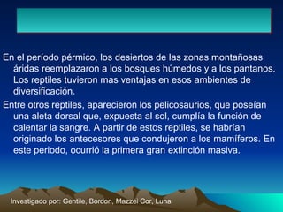 En el período pérmico, los desiertos de las zonas montañosas áridas reemplazaron a los bosques húmedos y a los pantanos. Los reptiles tuvieron mas ventajas en esos ambientes de diversificación. Entre otros reptiles, aparecieron los pelicosaurios, que poseían una aleta dorsal que, expuesta al sol, cumplía la función de calentar la sangre. A partir de estos reptiles, se habrían originado los antecesores que condujeron a los mamíferos. En este periodo, ocurrió la primera gran extinción masiva. Investigado por: Gentile, Bordon, Mazzei Cor, Luna 
