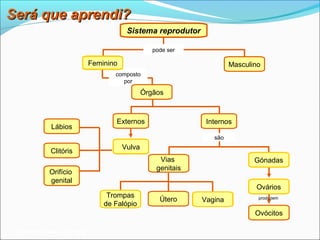 Será que aprendi?
                                       Sistema reprodutor

                                                 pode ser

                           Feminino                                   Masculino
                                  composto
                                    por

                                              Órgãos



                                  Externos                    Internos
            Lábios
                                                                são
                                      Vulva
            Clitóris
                                                   Vias                      Gónadas
                                                  genitais
           Orifício
           genital
                                                                             Ovários
                                Trompas
                                                   Útero     Vagina           produzem
                               de Falópio
                                                                             Ovócitos

 Planeta Terra — 9.º ano
 