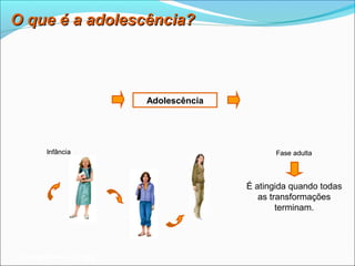 O que é a adolescência?



                          Adolescência




        Infância                                Fase adulta



                                         É atingida quando todas
                                            as transformações
                                                 terminam.




Planeta Terra — 9.º ano
 