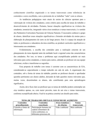 153
conhecimento científico organizado e os temas transversais como referências de
conteúdos a seres escolhidos, sem a pretensão de se trabalhar “tudo” com os alunos.
As tendências pedagógicas mais atuais de ensino de ciências apontam para a
valorização da vivência dos estudantes, como critério para escolha de temas de trabalho e
desenvolvimento de atividades. Portanto, buscar situações significativas na vivência dos
estudantes, tematizá-las, integrando vários eixos temáticos e temas transversais, é o sentido
dos Parâmetros Curriculares Nacionais de Ciências Naturais. É necessário conhecer o grupo
de alunos, identificar essas situações significativas e formular atividades de ensino para a
elaboração de planejamentos de curto ou de longo prazos. Este é o espaço de atuação de
todos os professores e educadores da área científica, ao produzir currículos significativos e
interessantes aos estudantes.
Evidentemente, a escolha dos conteúdos para a realização concreta de um
planejamento do tema depende tanto da realidade local e regional como das características
dos estudantes. Por isso, os temas e problemas aqui exemplificados poderão ser mais
relevantes para certos estudantes, e menos para outros, cabendo ao professor em sua equipe
selecionar, avaliar e transformar as sugestões.
Essa proposta de trabalho com temas é coerente com as características de EJA,
considerando-se especialmente o tempo reduzido em sala de aula. A organização dos
conteúdos, sob a forma de temas de trabalho, permite ao professor discutir e aprofundar
questões pertinentes aos alunos adultos, deixando de lado questões menos relevantes que,
muitas vezes, desestimulam os alunos, não contribuindo para uma aprendizagem
significativa.
Assim, deve ficar claro ao professor que os temas de trabalho podem contemplar um
eixo temático apenas, ou, com maior proveito, mais de um eixo e temas transversais,
conforme exemplificado abaixo. Fazê-lo na prática constitui um desafio para todos.
TEMA DE TRABALHO: DIETAS E CONSUMO DE ALIMENTO
Conteúdos
procedimentais
Conteúdos
conceituais
Eixos temáticos
de ciências
Temas
transversais
Consulta a fontes de
informação
Participação humana em
cadeias alimentares de
vários ambientes; os
diferentes processos de
Vida e ambiente Meio ambiente
 