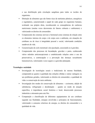 161
e sua distribuição pela circulação sangüínea para todos os tecidos do
organismo.
• Distinção de alimentos que são fontes ricas de nutrientes plásticos, energéticos
e reguladores, caracterizando o papel de cada grupo no organismo humano,
avaliando sua própria dieta, reconhecendo as conseqüências de carências
nutricionais (muitas vezes decorrentes de fatores culturais e ambientais) e
valorizando os direitos do consumidor.
• Compreensão dos sistemas nervoso e hormonal como sistemas de relação entre
os elementos internos do corpo e do corpo com o ambiente, em situações do
cotidiano ou de risco à integridade pessoal e social, valorizando condições
saudáveis de vida.
• Caracterização do ciclo menstrual e da ejaculação, associando-os à gravidez.
• Compreensão dos processos de fecundação, gravidez e parto, conhecendo
vários métodos anticoncepcionais e estabelecendo relações entre o uso de
preservativos, a contracepção e a prevenção das doenças sexualmente
transmissíveis, valorizando o sexo seguro e a gravidez planejada.
Tecnologia e sociedade
• Investigação de tecnologias usuais e tradicionais de mesma finalidade,
comparando-as quanto à qualidade das soluções obtidas e outras vantagens ou
aos problemas gerados, valorizando os direitos do consumidor, a qualidade de
vida e a conservação do meio ambiente.
• Investigação dos modos de conservação de alimentos – cozimento, adição de
substâncias, refrigeração e desidratação – quanto ao modo de atuação
específico, à importância social histórica e local, descrevendo processos
industriais e artesanais para este fim.
• Comparação e classificação de diferentes equipamentos de uso cotidiano
segundo sua finalidade, energias envolvidas e princípios de funcionamento,
valorizando o consumo criterioso de energia, os direitos do consumidor e a
qualidade de vida.
 