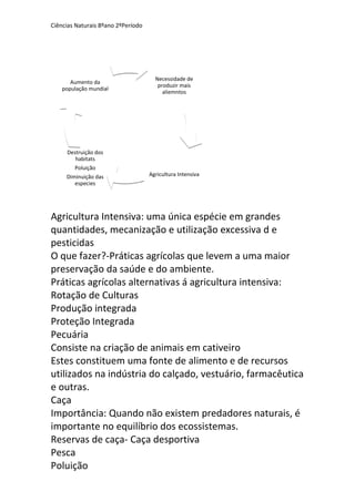 Necessidade de
produzir mais
aliemntos
Agricultura Intensiva
Destruição dos
habitats
Poluição
Diminuição das
especies
Aumento da
população mundial
Ciências Naturais 8ºano 2ºPeríodo
Agricultura Intensiva: uma única espécie em grandes
quantidades, mecanização e utilização excessiva d e
pesticidas
O que fazer?-Práticas agrícolas que levem a uma maior
preservação da saúde e do ambiente.
Práticas agrícolas alternativas á agricultura intensiva:
Rotação de Culturas
Produção integrada
Proteção Integrada
Pecuária
Consiste na criação de animais em cativeiro
Estes constituem uma fonte de alimento e de recursos
utilizados na indústria do calçado, vestuário, farmacêutica
e outras.
Caça
Importância: Quando não existem predadores naturais, é
importante no equilíbrio dos ecossistemas.
Reservas de caça- Caça desportiva
Pesca
Poluição
 