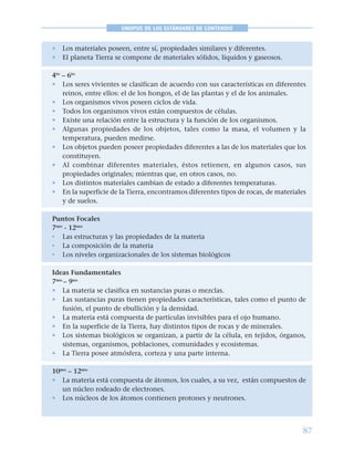87
SINOPSIS DE LOS ESTÁNDARES DE CONTENIDO
• Los materiales poseen, entre sí, propiedades similares y diferentes.
• El planeta Tierra se compone de materiales sólidos, líquidos y gaseosos.
4to
– 6to
• Los seres vivientes se clasifican de acuerdo con sus características en diferentes
reinos, entre ellos: el de los hongos, el de las plantas y el de los animales.
• Los organismos vivos poseen ciclos de vida.
• Todos los organismos vivos están compuestos de células.
• Existe una relación entre la estructura y la función de los organismos.
• Algunas propiedades de los objetos, tales como la masa, el volumen y la
temperatura, pueden medirse.
• Los objetos pueden poseer propiedades diferentes a las de los materiales que los
constituyen.
• Al combinar diferentes materiales, éstos retienen, en algunos casos, sus
propiedades originales; mientras que, en otros casos, no.
• Los distintos materiales cambian de estado a diferentes temperaturas.
• En la superficie de la Tierra, encontramos diferentes tipos de rocas, de materiales
y de suelos.
Puntos Focales
7mo
- 12mo
• Las estructuras y las propiedades de la materia
• La composición de la materia
• Los niveles organizacionales de los sistemas biológicos
Ideas Fundamentales
7mo
– 9no
• La materia se clasifica en sustancias puras o mezclas.
• Las sustancias puras tienen propiedades características, tales como el punto de
fusión, el punto de ebullición y la densidad.
• La materia está compuesta de partículas invisibles para el ojo humano.
• En la superficie de la Tierra, hay distintos tipos de rocas y de minerales.
• Los sistemas biológicos se organizan, a partir de la célula, en tejidos, órganos,
sistemas, organismos, poblaciones, comunidades y ecosistemas.
• La Tierra posee atmósfera, corteza y una parte interna.
10mo
– 12mo
• La materia está compuesta de átomos, los cuales, a su vez, están compuestos de
un núcleo rodeado de electrones.
• Los núcleos de los átomos contienen protones y neutrones.
 