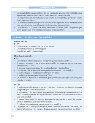 88
PROGRAMA DE CIENCIAS
• Las propiedades características de las sustancias pueden ser utilizadas para
separarlas e identificarlas cuando están presentes en una mezcla.
• Los organismos multicelulares poseen células especializadas, que llevan a cabo
funciones específicas.
• Las propiedades macroscópicas de las sustancias dependen de las combinaciones
y de las estructuras específicas de los átomos que las componen.
• La atmósfera, la corteza y la parte interna de la Tierra están compuestas por
capas que poseen propiedades químicas y físicas distintas.
Estándar: Los sistemas y los modelos
Puntos Focales
K – 6to
• Los sistemas y la interacción entre sus partes
• Los sistemas físicos y los biológicos
• Los objetos reales y sus modelos
Ideas Fundamentales
K – 3ro
• Los sistemas están compuestos por partes que interactúan entre sí.
• El cuerpo humano es un sistema constituido por órganos, cuyas funciones
contribuyen a la vida.
• El Sistema Solar se compone del Sol, los planetas y sus satélites.
• Los objetos y los seres vivientes se pueden representar con modelos.
• El ciclo del agua se puede representar con modelos.
• El globo terrestre es un modelo de la Tierra.
• Un modelo es diferente al objeto real, pero puede utilizarse para conocer y para
estudiar el objeto.
4to
– 6to
• El ser humano, al igual que otros seres vivientes, constituye un sistema complejo,
compuesto por varios subsistemas.
• Si los órganos y los sistemas de un organismo no funcionan adecuadamente, se
altera la función general del organismo; esta disfunción puede constituir o causar
una enfermedad.
• El uso de los modelos del Sistema Solar permite explicar los eclipses, las mareas,
las fases de la Luna y las estaciones del año.
• El ciclo de las rocas puede representarse con modelos.
• Los rasgos de la topografía terrestre, tales como las montañas, los valles, los
llanos, las mesetas y los cuerpos de agua, pueden representarse con modelos.
 