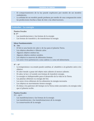 90
PROGRAMA DE CIENCIAS
• El comportamiento de la luz puede explicarse por medio de un modelo
ondulatorio.
• La utilidad de un modelo puede probarse por medio de una comparación entre
las predicciones hechas a base de éste y las observaciones.
Estándar: La energía
Puntos Focales
K- 6to
• Las manifestaciones y las formas de la energía
• Las formas de transferir y de transformar la energía
Ideas Fundamentales
K – 3ro
• El Sol es una fuente de calor y de luz para el planeta Tierra.
• Los objetos absorben o liberan calor.
• Algunos objetos emiten luz.
• Algunos objetos emiten sonidos.
• Los objetos se mueven de diferentes formas.
• Los seres vivos pertenecen a una cadena o a una red alimentaria.
4to
– 6to
• La temperatura o su estado puede cambiar, al añadirles o al quitarles calor a los
objetos.
• El calor tiende a pasar del objeto más caliente al menos caliente.
• El calor, la luz y el sonido son formas de transferir energía.
• La energía es indispensable para el desarrollo de la vida en la Tierra.
• Las plantas obtienen su energía del Sol.
• Los seres vivos obtienen de los alimentos la energía necesaria.
• Los objetos en movimiento tienen energía.
• El clima y los patrones del tiempo en la Tierra están asociados a la energía solar
que el planeta recibe.
Puntos Focales
7mo
- 12 mo
• Las manifestaciones y las formas de la energía
• Las transferencias y las transformaciones de la energía
• La conservación de la energía
 