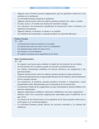 93
SINOPSIS DE LOS ESTÁNDARES DE CONTENIDO
• Algunos seres vivientes poseen adaptaciones que les permiten sobrevivir a los
cambios en el ambiente.
• La actividad humana impacta el ambiente.
• Algunas interacciones entre los objetos pueden producir luz, calor y sonido.
• El calor, la luz y el sonido son formas de transferir energía.
• Los volcanes y los terremotos manifiestan la interacción entre el interior y la
superficie del planeta.
• Algunos objetos, al frotarse, se atraen o se repelen.
• Al combinar dos materiales, se puede producir un material diferente.
Puntos Focales
7mo
- 12mo
• La interacción entre la materia y la energía
• La interacción entre los seres vivos y su ambiente
• Las interacciones entre los seres vivos
• Las fuerzas y el movimiento
• El cambio continuo de la superficie de la Tierra
Ideas Fundamentales
7mo
– 9no
• Se requiere una fuerza para cambiar el estado de movimiento de un objeto.
• El movimiento de los objetos puede ser descrito cuantitativamente.
• Los objetos interactúan mediante las fuerzas eléctricas, las magnéticas y las
gravitacionales.
• Algunas interacciones entre los objetos pueden producir ondas mecánicas.
• La atracción gravitacional es responsable del peso de los objetos y del movimiento
de los cuerpos celestes.
• Las sustancias, al juntarse, pueden producir mezclas o compuestos, cuyas
propiedades estén determinadas por la naturaleza de la interacción.
• Los procesos vitales de los organismos en una comunidad se afectan debido a los
factores ambientales.
• Algunos organismos establecen relaciones simbióticas con otros organismos.
• Muchos seres vivos muestran adaptaciones adecuadas para el ambiente en el
que viven.
• Los efectos de las interacciones en la superficie de la Tierra pueden observarse a
corto plazo o en escalas geológicas.
• La actividad humana puede afectar los recursos naturales y la calidad del
ambiente.
 