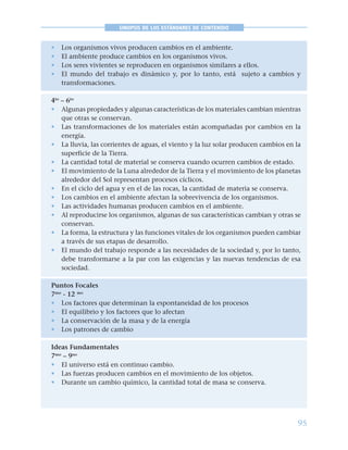 95
SINOPSIS DE LOS ESTÁNDARES DE CONTENIDO
• Los organismos vivos producen cambios en el ambiente.
• El ambiente produce cambios en los organismos vivos.
• Los seres vivientes se reproducen en organismos similares a ellos.
• El mundo del trabajo es dinámico y, por lo tanto, está sujeto a cambios y
transformaciones.
4to
– 6to
• Algunas propiedades y algunas características de los materiales cambian mientras
que otras se conservan.
• Las transformaciones de los materiales están acompañadas por cambios en la
energía.
• La lluvia, las corrientes de aguas, el viento y la luz solar producen cambios en la
superficie de la Tierra.
• La cantidad total de material se conserva cuando ocurren cambios de estado.
• El movimiento de la Luna alrededor de la Tierra y el movimiento de los planetas
alrededor del Sol representan procesos cíclicos.
• En el ciclo del agua y en el de las rocas, la cantidad de materia se conserva.
• Los cambios en el ambiente afectan la sobrevivencia de los organismos.
• Las actividades humanas producen cambios en el ambiente.
• Al reproducirse los organismos, algunas de sus características cambian y otras se
conservan.
• La forma, la estructura y las funciones vitales de los organismos pueden cambiar
a través de sus etapas de desarrollo.
• El mundo del trabajo responde a las necesidades de la sociedad y, por lo tanto,
debe transformarse a la par con las exigencias y las nuevas tendencias de esa
sociedad.
Puntos Focales
7mo
- 12 mo
• Los factores que determinan la espontaneidad de los procesos
• El equilibrio y los factores que lo afectan
• La conservación de la masa y de la energía
• Los patrones de cambio
Ideas Fundamentales
7mo
– 9no
• El universo está en continuo cambio.
• Las fuerzas producen cambios en el movimiento de los objetos.
• Durante un cambio químico, la cantidad total de masa se conserva.
 