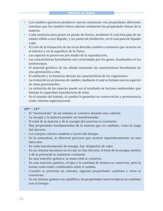 96
PROGRAMA DE CIENCIAS
• Los cambios químicos producen nuevas sustancias con propiedades diferentes
mientras que los cambios físicos afectan solamente las propiedades físicas de la
materia.
• Cada sustancia pura posee un punto de fusión, mediante el cual ésta pasa de un
estado sólido a uno líquido, y un punto de ebullición, en el cual pasa de líquido
a gas.
• El ciclo de la formación de las rocas describe cambios continuos que ocurren en
el interior y en la superficie de la Tierra.
• Las especies se preservan por medio de la reproducción.
• Las características hereditarias son controladas por los genes, localizados en los
cromosomas.
• El material genético de las células transmite las características hereditarias de
una generación a otra.
• El ambiente y la herencia afectan las características de los organismos.
• La evolución es un proceso de cambio, mediante el cual se forman nuevas especies
de otras preexistentes.
• La extinción de las especies puede ser el resultado de factores ambientales que
limitan la capacidad reproductora de éstas.
• En el mundo del trabajo, el cambio le garantiza su conservación y permanencia
como sistema organizacional.
10mo
– 12mo
• El “momentum” de un sistema se conserva durante una colisión.
• La energía y la materia pueden ser transformadas.
• El total de la materia y de la energía del universo es constante.
• Hay propiedades fundamentales de la materia que no cambian, como la carga
del electrón.
• Los cuerpos celestes cambian a través del tiempo.
• En la naturaleza, se observan procesos que ocurren espontáneamente en una
dirección.
• En toda transformación de energía, hay disipación de calor.
• En un sistema mecánico en el cual no hay fricción, el total de la energía cinética
y de la potencial se mantiene constante.
• En una reacción química, la masa total se conserva.
• En una reacción química, el tipo y la cantidad de átomos se conservan, pero la
forma como están combinados entre sí cambia.
• Cuando se perturba un sistema, algunas propiedades cambian y otras se
conservan.
• En un sistema químico en equilibrio, las propiedades macroscópicas no cambian
con el tiempo.
 