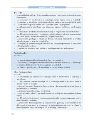 98
PROGRAMA DE CIENCIAS
4to – 6 to
• La actividad científica y la tecnología requieren conocimiento, imaginación y
creatividad.
• Los procesos y los productos de la tecnología tienen efectos sobre la sociedad.
• La ciencia y la tecnología pueden contribuir a mejorar nuestra calidad de vida.
• La ciencia no se puede utilizar para contestar todas las preguntas.
• La utilización de la tecnología para solucionar algunos problemas puede causar
otros.
• El ser humano afecta los recursos naturales y es responsable de mantenerlos.
• Las diferentes ocupaciones y profesiones relacionadas con ciencia se caracterizan
por llevar a cabo determinadas tareas y responsabilidades.
• La evaluación que haga el estudiante de sus destrezas y habilidades le ayuda a
seleccionar una ocupación o profesión.
• La integración de la tecnología al mundo del trabajo requiere que el estudiante
esté capacitado en éste.
• El trabajo es necesario para satisfacer las necesidades del ser humano.
Puntos Focales
7mo
- 12mo
• Los aspectos éticos del quehacer científico y tecnológico
• El ciudadano y su responsabilidad ante los adelantos de la ciencia y la tecnología
• El impacto de la ciencia y la tecnología en la sociedad
• Los factores que afectan el desarrollo de la ciencia y la tecnología
Ideas Fundamentales
7 mo
– 9no
• Las necesidades de una sociedad influyen sobre el desarrollo de la ciencia y la
tecnología.
• El conocimiento científico influye en la visión que tiene la sociedad sobre sí
misma y sobre el mundo.
• La interacción entre la ciencia, la tecnología y las matemáticas contribuye al
desarrollo de la sociedad.
• La actividad científica se rige por la ética.
• La investigación sobre lo que es el mundo del trabajo es parte del currículo de
ciencia
• Las diferentes ocupaciones y profesiones relacionadas con ciencia pueden ofrecer
oportunidades de trabajo.
• La evaluación de los requisitos y ofrecimientos que haga el estudiante de las
diferentes ocupaciones y profesiones relacionadas con ciencia, le ofrece la
oportunidad de seleccionar según sus intereses y capacidades.
 