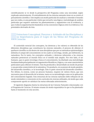 17
PROGRAMA DE CIENCIAS
científicamente se ve desde la perspectiva del Programa como una necesidad, según
explicado anteriormente. El entendimiento de las ciencias naturales tiene en su centro el
pensamiento científico. Esto implica un modo particular de analizar y entender el mundo
que nos rodea, es una particular visión que envuelve una lógica y metodología de análisis
particular que requiere sustentar los planteamientos y argumentos con la evidencia, y
que evalúa la argumentación basándose en las conexiones lógicas entre la evidencia y los
postulados derivados de ésta.
Estructura Conceptual, Procesos y Actitudes de las Disciplinas y
su Importancia para el Logro de las Metas del Programa de
Ciencias
El contenido esencial (los conceptos, las destrezas y los valores) es obtenido de las
diferentes disciplinas que constituyen las ciencias naturales; el proceso de obtener el
quehacer científico se da dentro de unas disciplinas que por su naturaleza epistemológica
delimita el campo del conocimiento en los cuales se investiga, siendo, por definición, la
naturaleza. Por lo tanto, los conceptos actitudes y destrezas inherentes a las ciencias
naturales pertenecen al mundo físico en el sentido más amplio. Por otro lado, el ser
humano, que es quien investiga y busca el conocimiento, ha diseñado una metodología
fundamentada principalmente en argumentos filosóficos y lógicos, con unas características
particulares para obtener el mismo. Esto ha producido y desarrollado un modo de pensar
y una peculiar cosmovisión de la naturaleza. Un producto, en ocasiones de modo paralelo,
del desarrollo científico, es la tecnología. Ésta es parte esencial del desarrollo científico.
Por último, la ciencia, como un proceso humano, requiere de valores éticos, que son
necesarios para el desarrollo de la misma, tanto en su metodología como en la aplicación
del conocimiento logrado. Esta estructura de las ciencias naturales debe reflejarse de un
modo sistemático y consciente en los currículos de ciencias utilizados, de modo que cada
componente aporte en satisfacer las metas esbozadas anteriormente.
El siguiente diagrama ilustra la estructura de las Ciencias Naturales relacionadas con
el Programa de Ciencias. El mismo resume de modo esquemático lo que se ha planteado
hasta el momento en esta sección.
○ ○ ○
 