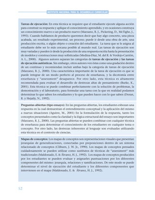 52
INSTITUTO NACIONAL PARA EL DESARROLLO CURRICULAR
Tareas de ejecución: En esta técnica se requiere que el estudiante ejecute alguna acción
para construir su respuesta y aplique el conocimiento aprendido, y en ocasiones construya
un conocimiento nuevo o un producto nuevo (Marzano, R. J., Pickering, D., McTighe, J.,
1993). Cuando hablamos de producto queremos decir que hay algo concreto, una pieza
acabada, un resultado experimental, un proceso; puede ir desde una obra de arte, una
producción escrita, o algún objeto o creación del estudiante. La tarea que se le asigna al
estudiante debe ser lo más cercana posible al mundo real. Las tareas de ejecución son
muy variadas y pueden ir desde la producción de una respuesta escrita hasta la presentación
de modelos y construcciones muy sofisticadas (Medina-Díaz, M. del R. & Verdejo-Carrión,
A. L., 2000). Algunos autores separan las categorías de tareas de ejecución y las tareas
de ejecución auténticas. Sin embargo, otros autores ven éstas como una gradación dentro
de un continuo y recomiendan incluir ambas bajo la categoría de tareas de ejecución
(Marzano, R. J., 2000). Una característica importante de la tarea de ejecución es que se
puede integrar de un modo perfecto al proceso de enseñanza, y la dicotomía entre
enseñanza y “assessment” desaparece. Por otro lado, esta técnica es altamente
recomendada para evaluar el desarrollo de destrezas altas de pensamiento (Burke, K.,
2001). Esta técnica se puede combinar perfectamente con la solución de problemas, la
demostración y el laboratorio, para formular una tarea con la que en realidad podamos
determinar lo que saben los estudiantes y lo que pueden hacer con lo que saben (Doran,
R. y Hejaily, N., 1992).
Preguntas abiertas (tipo ensayo): En las preguntas abiertas, los estudiantes esbozan una
respuesta en la cual demuestran el entendimiento conceptual y la aplicación del mismo
a nuevas situaciones (Aguirre, M., 2001) En la formulación de la respuesta, tanto los
conceptos presentados como la claridad y la lógica estructural del ensayo son importantes
(Marzano, R. J., 2000). Las preguntas abiertas se pueden combinar con cualquier técnica
de enseñanza para determinar el conocimiento de los estudiantes en cualquier tema o
concepto. Por otro lado, las destrezas inherentes al lenguaje son evaluadas utilizando
esta técnica en el contexto de ciencias.
Mapas de conceptos: Los mapas de conceptos son representaciones visuales que presentan
jerarquías de generalizaciones, conectadas por preposiciones dentro de un sistema
relacionado de conceptos (Cliburn, J. W. Jr., 1990). Los mapas de conceptos pensados
cuidadosamente se pueden utilizar como sustitutos de técnicas de “assessment“ más
tradicionales (Maldonado, E. & Álvarez, H. J., 1992). Los mapas de conceptos producidos
por los estudiantes se pueden evaluar y asignarles puntuaciones por los diferentes
componentes del mismo: jerarquía, relaciones y ramificaciones. De este modo se puede
determinar el nivel de ejecución del estudiante y los diferentes componentes que
intervienen en el mapa (Maldonado, E. & Álvarez, H. J., 1992).
 