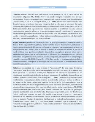 53
PROGRAMA DE CIENCIAS
Listas de cotejo: Esta técnica está basada en la observación de la ejecución de los
estudiantes (Aguirre, M., 2001). Provee un medio simple y sencillo para recoger
información de un comportamiento o característica particular en una situación dada
(Medina-Díaz, M. del R. & Verdejo-Carrión, A. L., 2000). Las listas de cotejo son una serie
de criterios que se colocan bajo una categoría dada y a los que se les puede dar valor
numérico o se reportan como manifestados o no manifestados de acuerdo con la ejecución
de los estudiantes. Son especialmente efectivas cuando se combinan con una tarea de
ejecución que permite observar la acción (ejecutoria) del estudiante. Es altamente
recomendada para evaluar destrezas de laboratorio y de los procesos de la ciencia. Esta
técnica es también adecuada para evaluar las destrezas altas de pensamiento y la dimensión
afectiva y valorativa del proceso de aprendizaje.
Mapas mentales pictóricos: El mapa pictórico, al igual que cualquiera otra de las técnicas
dentro de los organizadores gráficos, incluyendo los mapas de conceptos, se basa en el
funcionamiento natural del cerebro en buscar y establecer patrones durante el proceso
de aprendizaje. Esta técnica, que se basa en el trabajo de Tony Buzan (Buzan, T., 1979), se
puede utilizar para que los estudiantes desarrollen conceptos y generen ideas nuevas
sobre el tema o asunto que se esté evaluando. A diferencia de otros organizadores gráficos,
éste es más holográfico (añade, dibujos, colores, diagramas, etc.) y carece de una jerarquía
específica (Aguirre, M., 2001, Hyerle, D., 1996). Esta técnica es propia para inferir el nivel
de entendimiento conceptual y la integración de los conceptos al esquema teórico que
tienen los estudiantes.
Rúbricas: En realidad no es una técnica de “assessment”. Es una escala formal de
“assessment” que describe las respuestas apropiadas en niveles crecientes de la adecuacidad
de la ejecución. La escala se utiliza para diferenciar los niveles de ejecutorias de los
estudiantes, identificando todos los atributos requeridos de calidad o desarrollo en un
proceso, producto o ejecución (Martin-Niep, G. O., 2000). La misma se puede utilizar en
combinación con cualquiera de las técnicas mencionadas arriba; de hecho, la rúbrica es
un modo de dar valor a diferentes aspectos de la ejecución de los estudiantes que se
pueda manifestar por medio de presentaciones orales o escritas, laboratorio, demostración,
solución de problemas, excursión, paneles, debates, entre tantas otras (Aguirre, M., 2001).
Existen diferentes tipos de rúbricas, pero las más comunes son : a) holística, que asigna
una sola puntuación a un producto total del proceso o ejecución, y que por diseño hace
énfasis en el total y no en las partes; b) analítica, que rompe el proceso, ejecución o
producto en sus atributos o dimensiones críticos. Las rúbricas benefician tanto al docente
como al alumno. Ayudan al maestro a clarificar qué se pretende del estudiante y puede
describir esto en una rúbrica, y el estudiante puede entender lo que se espera de él para
realizar la tarea y, por ende, entiende cuáles son los elementos esenciales de dicha tarea
(Martin-Niep, G. O., 2000).
 