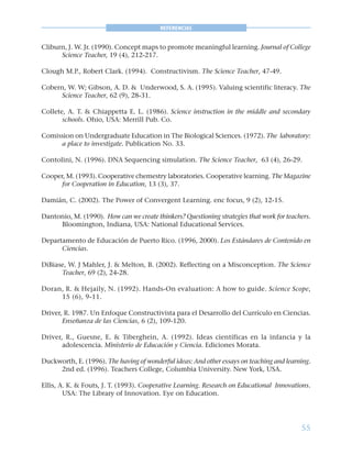 55
REFERENCIAS
Cliburn, J. W. Jr. (1990). Concept maps to promote meaningful learning. Journal of College
Science Teacher, 19 (4), 212-217.
Clough M.P., Robert Clark. (1994). Constructivism. The Science Teacher, 47-49.
Cobern, W. W; Gibson, A. D. & Underwood, S. A. (1995). Valuing scientific literacy. The
Science Teacher, 62 (9), 28-31.
Collete, A. T. & Chiappetta E. L. (1986). Science instruction in the middle and secondary
schools. Ohio, USA: Merrill Pub. Co.
Comission on Undergraduate Education in The Biological Sciences. (1972). The laboratory:
a place to investigate. Publication No. 33.
Contolini, N. (1996). DNA Sequencing simulation. The Science Teacher, 63 (4), 26-29.
Cooper, M. (1993). Cooperative chemestry laboratories. Cooperative learning. The Magazine
for Cooperation in Education, 13 (3), 37.
Damián, C. (2002). The Power of Convergent Learning. enc focus, 9 (2), 12-15.
Dantonio, M. (1990). How can we create thinkers? Questioning strategies that work for teachers.
Bloomington, Indiana, USA: National Educational Services.
Departamento de Educación de Puerto Rico. (1996, 2000). Los Estándares de Contenido en
Ciencias.
DiBiase, W. J Mahler, J. & Melton, B. (2002). Reflecting on a Misconception. The Science
Teacher, 69 (2), 24-28.
Doran, R. & Hejaily, N. (1992). Hands-On evaluation: A how to guide. Science Scope,
15 (6), 9-11.
Driver, R. 1987. Un Enfoque Constructivista para el Desarrollo del Currículo en Ciencias.
Enseñanza de las Ciencias, 6 (2), 109-120.
Driver, R., Guesne, E. & Tiberghein, A. (1992). Ideas científicas en la infancia y la
adolescencia. Ministerio de Educación y Ciencia. Ediciones Morata.
Duckworth, E. (1996). The having of wonderful ideas: And other essays on teaching and learning.
2nd ed. (1996). Teachers College, Columbia University. New York, USA.
Ellis, A. K. & Fouts, J. T. (1993). Cooperative Learning. Research on Educational Innovations.
USA: The Library of Innovation. Eye on Education.
 