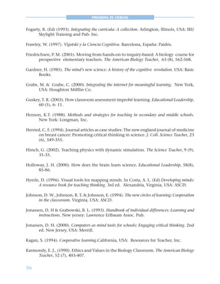 56
PROGRAMA DE CIENCIAS
Fogarty, R. (Ed) (1993). Integrating the curricula: A collection. Arlington, Illinois, USA: IRI/
Skylight Training and Pub. Inc.
Frawley, W. (1997). Vigotski y la Ciencia Cognitiva. Barcelona, España: Paidós.
Friedrichsen, P. M. (2001). Moving from hands-on to inquiry-based: A biology course for
prospective elementary teachers. The American Biology Teacher, 63 (8), 562-568.
Gardner, H. (1985). The mind’s new science: A history of the cognitive revolution. USA: Basic
Books.
Grabe, M. & Grabe, C. (2000). Integrating the internet for meaningful learning. New York,
USA: Houghton Mifflin Co.
Guskey, T. R. (2003). How classroom assessment improbé learning. Educational Leadership,
60 (5), 6- 11.
Henson, K.T. (1988). Methods and strategies for teaching in secondary and middle schools.
New York: Longman, Inc.
Herried, C. F. (1994). Journal articles as case studies: The new england journal of medicine
on breast cancer: Promoting critical thinking in science. J. Coll. Science Teacher, 23
(6), 349-355.
Hirsch, G. (2002). Teaching physics with dynamic simulation. The Science Teacher, 9 (9),
31-35.
Holloway, J. H. (2000). How does the brain learn science. Educational Leadership, 58(8),
85-86.
Hyerle, D. (1996). Visual tools for mapping minds. In Costa, A. L. (Ed) Developing minds:
A resource book for teaching thinking. 3rd ed. Alexandria, Virginia, USA: ASCD.
Johnson, D. W., Johnson, R. T. & Johnson, E. (1994). The new circles of learning: Cooperation
in the classsroom. Virginia, USA: ASCD.
Jonassen, D. H & Grabowski, B. L. (1993). Handbook of individual differences: Learning and
instructions. New yersey: Lawrence Erlbaum Assoc. Pub.
Jonassen, D. H. (2000). Computers as mind tools for schools: Engaging critical thinking. 2nd
ed. New Jersey, USA: Merrill.
Kagan, S. (1994). Cooperative learning.California, USA: Resources for Teacher, Inc.
Karmondy, E. J., (1990). Ethics and Values in the Biology Classroom. The American Biology
Teacher, 52 (7), 403-407.
 