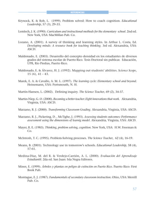 57
REFERENCIAS
Krynock, K. & Rob, L. (1999). Problem solved: How to coach cognition. Educational
Leadership, 57 (3), 29-33.
Lemlech, J. K. (1990). Curriculum and instructional methods for the elementary school. 2nd ed.
New York, USA: MacMillan Pub. Co.
Lozano, A. (2001). A survey of thinking and learning styles. In Arthur L. Costa, Ed.
Developing minds: A resource book for teaching thinking. 3rd ed. Alexandria, USA:
ASCD.
Maldonado, E. (2003). Desarrollo del concepto densidad en los estudiantes de diversos
grados del sistema escolar de Puerto Rico. Tesis Doctoral sin publicar. Educación,
UPR, Río Piedras, Puerto Rico.
Maldonado, E. & Álvarez, H. J. (1992). Mapping out students’ abilities. Science Scope,
15 (6), 41 - 43.
Marek, E. A. & Cavallo, A. M. L. (1997). The learning cycle: Elementary school and beyond.
Heinemann, USA: Portsmouth, N. H.
Martín-Hansen, L. (2002). Defining inquiry. The Science Teacher, 69 (2), 34-37.
Martin-Niep, G. O. (2000). Becoming a better teacher: Eight innovations that work. Alexandria,
Virginia, USA: ASCD.
Marzano, R. J. (2000). Transforming Classroom Grading. Alexandria, Virginia, USA: ASCD.
Marzano, R. J., Pickering, D. , McTighe, J. (1993). Assessing students outcomes: Performance
assessment using the dimensions of learnig model. Alexandria, Virginia, USA: ASCD.
Mayer, R. E. (1983). Thinking, problem solving, cognition. New York, USA: H.W. Freeman &
Co.
McIntosh, T. C. (1995). Problem-Solving processes. The Science Teacher, 62 (4), 16-19.
Means, B. (2001). Technology use in tomorrow’s schools. Educational Leadership, 58 (4),
57-61.
Medina-Díaz, M. del R. & Verdejo-Carrión, A. L. (2000). Evaluación del Aprendizaje
Estudiantil. 2da ed. San Juan: Isla Negra Editores.
Miner, E. (1999). Árboles y plantas en peligro de extinción en Puerto Rico. Puerto Rico: First
Book Pub.
Montague, E. J. (1987). Fundamentals of secondary classroom instruction. Ohio, USA: Merrill
Pub. Co.
 