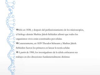 Sólo en 1838, y después del perfeccionamiento de los microscopios,
el biólogo alemán Mathias Jakob Schleiden afirmó que todos los
organismos vivos están constituidos por células.
Concretamente, en 1839 Theodor Schwann y Mathias Jakob
Schleiden fueron los primeros en lanzar la teoría celular.
A partir de 1900, los investigadores de la célula enfocaron sus
trabajos en dos direcciones fundamentalmente distintas:
 