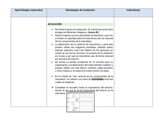 Aprendizajes esperados Estrategias de mediación Indicadores
APLICACIÓN
 Se divide el grupo en subgrupos, de 3 personas se les hace
entrega de diferentes imágenes. (Anexo #2)
 Deben imaginar que son periodistas de televisión y que van
a brindar un reportaje sobre la importancia del uso racional
de los componentes de la naturaleza.
 La elaboración de un cartel es de importancia, y para este
pueden utilizar las imágenes brindadas, además deben
exponer aspectos como los hábitos de las personas en
cuanto al uso de los recursos, el aumento de la población
en el país y por qué es importante usar de forma racional
los recursos del entorno.
 Se brinda un tiempo prudencial de 10 minutos para su
organización y la elaboración del cartel (tamaño mediano y
pueden utilizar una hoja blanca, cartulina, papel periódico
u otros medios) y se expone la noticia frente a la clase.
 En la unidad de “Uso racional de los componentes de la
naturaleza” se realizan una serie de actividades entre las
cuales se destacan:
 Completar el recuadro sobre la importancia del entorno.
Anotar el uso que le da al componente del entorno en la
vida diaria.
 