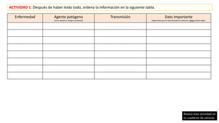 ACTIVIDAD 1: Después de haber leído todo, ordena la información en la siguiente tabla.
Enfermedad Agente patógeno
(virus, bacteria, hongo o protozoo)
Transmisión Dato importante
(algún dato que te haya llamado la atención, debes anotar algo.)
Realiza esta actividad en
tu cuaderno de ciencias
 