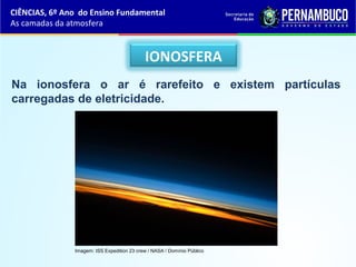 IONOSFERA
Na ionosfera o ar é rarefeito e existem partículas
carregadas de eletricidade.
CIÊNCIAS, 6º Ano do Ensino Fundamental
As camadas da atmosfera
Imagem: ISS Expedition 23 crew / NASA / Domínio Público
 