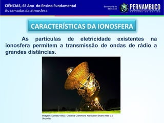 CARACTERÍSTICAS DA IONOSFERA
As partículas de eletricidade existentes na
ionosfera permitem a transmissão de ondas de rádio a
grandes distâncias.
CIÊNCIAS, 6º Ano do Ensino Fundamental
As camadas da atmosfera
Imagem: DanielJr1992 / Creative Commons Attribution-Share Alike 3.0
Unported
 