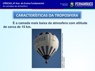CARACTERÍSTICAS DA TROPOSFERA
É a camada mais baixa da atmosfera com altitude
de cerca de 15 km.
CIÊNCIAS, 6º Ano do Ensino Fundamental
As camadas da atmosfera
Imagem:4028mdk09/CreativeCommonsAttribution-Share
Alike3.0Unported
 