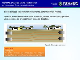 Essas tensões se acumulam lentamente, deformando as rochas.
Quando a resistência das rochas é vencida, ocorre uma ruptura, gerando
vibrações que se propagam em todas as direções.
Saiba mais
Sismógrafos
As ondas sísmicas são detectadas nas estações
sismográficas por aparelhos chamados sismógrafos.
CIÊNCIAS, 6º Ano do Ensino Fundamental
As camadas da Terra e seus elementos
Figura 2: Deformação das rochas.
 