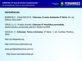 REFERÊNCIAS
BARROS.C.; PAULINO.W.R.; Ciências, O meio Ambiente 5ª Série. 64. ed.
Editora Ática-2001.
CRUZ.J.L.C.; Projeto Araribá: Ciências 6º Ano/Obra,concedida,
desenvolvida e produzida pela Ed. Moderna-2006.
CECÌLIA. V.; Ciências: Terra e Universo, 5ª Série, 1. ed. Curitiba: Positivo,
2004.
http://pt.wikipedia.org
http://commons.wikimedia.org
www.portalsaofrancisco.com.br
http://www.cienciadivertida.pt/
CIÊNCIAS, 6º Ano do Ensino Fundamental
As camadas da Terra e seus elementos
 