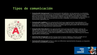 Tipos de comunicación
• Comunicación interpersonal: Es la comunicación del individuo con las personas a su alrededor,
mediante la cual puede reconocer sus fortalezas y debilidades; además de conocer la capacidad
para comunicarse. Permite de alguna forma negociar con los demás y descubrir las maneras
efectivas de tomar decisiones. Es imposible no tener este tipo de comunicación, pues siempre se
está comunicando algo: en conversaciones escritas o habladas, con la mirada, con gestos,
ilustraciones, apariencia, etc.
• Comunicación mediática: Es la comunicación hecha por organizaciones especializadas en la
recopilación, análisis y elaboración de documentos informativos, para su uso general por parte
de grupos que compran dicha información o el público general que accede a las informaciones
elaboradas por las organizaciones especializadas.
• Comunicación intercultural: Es la comunicación entre personas de diferentes culturas. No
significa que las personas sean de diferentes lugares o muy distantes, pueden estar dentro de
una misma sociedad o un mismo espacio geográfico. La edad, género, religión, orientación
sexual, lugares geográficos, todo esto es parte de diferencias culturales y disminuye de manera
significativa la comunicación.
• Comunicación intragrupal: Donde el grupo tiene el mismo objetivo y buscan cumplir con un
mismo fin; el tipo de respuesta que puede tener es directa, inmediata y simultanea.
• Comunicación intergrupal: Se lleva a cabo con diferentes representantes de grupo, su respuesta
sería directa, simultanea e inmediata.
 