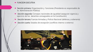  FUNCION EJECUTIVA
 Sección primera: Organización y funciones (Presidente es responsable de
la Administración Pública)
 .Sección segunda: Consejos nacionales de igualdad (aseguran vigencia y
ejercicio de los derechos consagrados en la Constitución)
 .Sección tercera: Fuerzas Armadas y Policía Nacional (defensa y soberanía)
 .Sección cuarta: Estados de excepción (conflicto interno o externo)
 