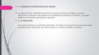  1.- ELEMENTOS CONSTITUTIVOS DEL ESTADO
 La mayoría de los tratadistas de derecho constitucional han coincidido en que los
elementos constitutivos del estado son: la población (el pueblo), el territorio, y el poder
político, en el sentido equivalente a gobierno.
 1. LA POBLACIÓN.
Es el primer elemento constitutivo del Estado. Se refiere al conjunto de personas que están
ubicadas dentro del Estado. No habrá estado si no existe el pueblo y viceversa.
 