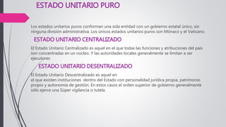 ESTADO UNITARIO PURO
Los estados unitarios puros conforman una sola entidad con un gobierno estatal único, sin
ninguna división administrativa. Los únicos estados unitarios puros son Mónaco y el Vaticano.
ESTADO UNITARIO CENTRALIZADO
El Estado Unitario Centralizado es aquel en el que todas las funciones y atribuciones del país
son concentradas en un núcleo. Y las autoridades locales generalmente se limitan a ser
ejecutores
ESTADO UNITARIO DESENTRALIZADO
El Estado Unitario Descentralizado es aquel en
el que existen instituciones dentro del Estado con personalidad jurídica propia, patrimonio
propio y autonomía de gestión. En estos casos el orden superior de gobierno generalmente
sólo ejerce una Súper vigilancia o tutela.
 