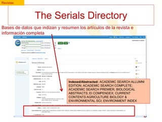 Revistas

The Serials Directory
Bases de datos que indizan y resumen los artículos de la revista e
información completa

Indexed/Abstracted: ACADEMIC SEARCH ALLUMNI
EDITION; ACADEMIC SEARCH COMPLETE;
ACADEMIC SEARCH PREMIER; BIOLOGICAL
ABSTRACTS; EI COMPENDEX; CURRENT
CONTENTS AGRICULTURE BIOLOGY &
ENVIRONMENTAL SCI; ENVIRONMENT INDEX

 