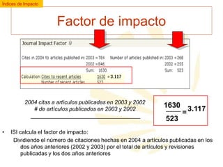 Índices de Impacto

Factor de impacto

2004 citas a artículos publicadas en 2003 y 2002
# de artículos publicados en 2003 y 2002

•

1630 3.117
=
523

ISI calcula el factor de impacto:
Dividiendo el número de citaciones hechas en 2004 a artículos publicadas en los
dos años anteriores (2002 y 2003) por el total de artículos y revisiones
publicadas y los dos años anteriores

 