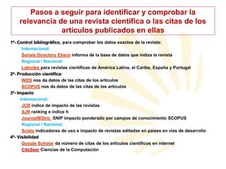 Pasos a seguir para identificar y comprobar la
relevancia de una revista científica o las citas de los
artículos publicados en ellas
1º- Control bibliográfico, para comprobar los datos exactos de la revista:
Internacional:
Serials Directory Ebsco informa de la base de datos que indiza la revista
Regional / Nacional:
Latindex para revistas científicas de América Latina, el Caribe, España y Portugal
2º- Producción científica:
WOS nos da datos de las citas de los artículos
SCOPUS nos da datos de las citas de los artículos
3º- Impacto
Internacional:
JCR índice de impacto de las revistas
SJR ranking e índice h
JournalM3tric SNIP impacto ponderado por campos de conocimiento SCOPUS
Regional / Nacional:
Scielo indicadores de uso e impacto de revistas editadas en países en vías de desarrollo
4º- Visibilidad
Google Scholar da número de citas de los artículos científicos en internet
CiteSeer Ciencias de la Computación

 