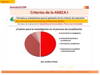 Agencias

http://www.aneca.es/Programas/ACADEMIA/ACADEMIA

Torres Salinas, Daniel. Qué deben saber las bibliotecas escolásticas y los CRAI para ayuda al profesorado en la acreditación ANECA

 